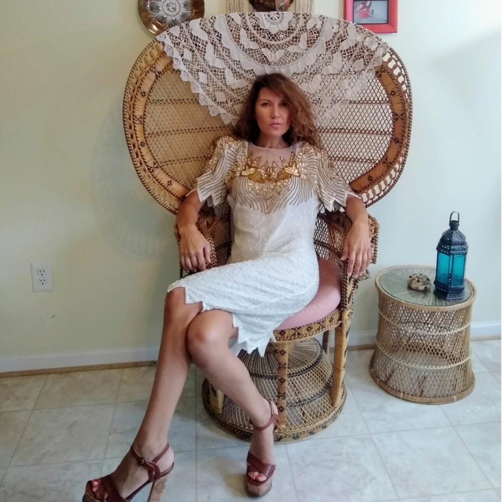 80s cream beaded silk dress M/L